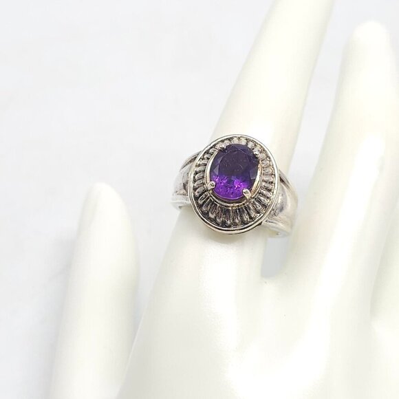 Sterling Silver Ring With Round Amethyst Gemstone Textured Size 9 Vintage - Picture 2 of 8